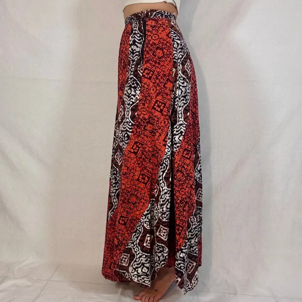 Vintage 1970s Red Brown Block Print Cotton Maxi Skirt Bias Cut Boho Swirler 25W